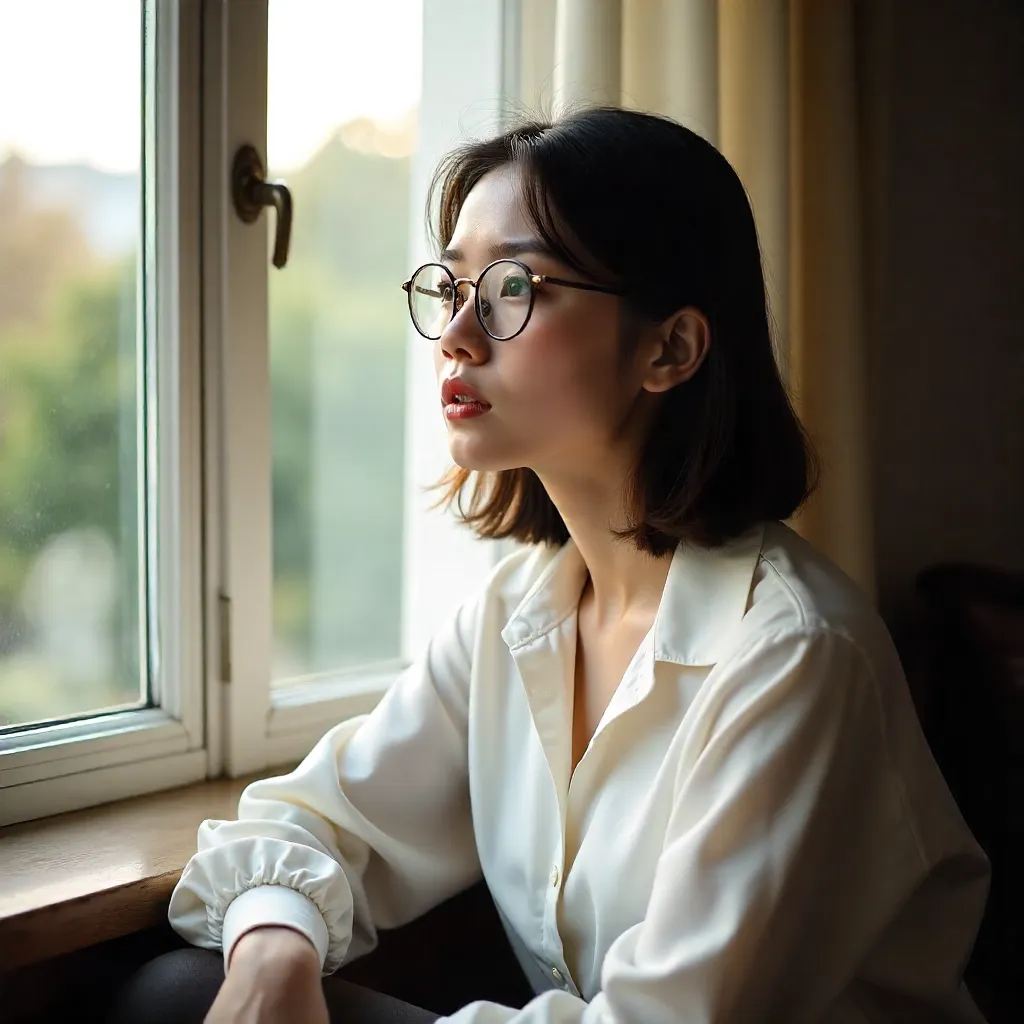 Thoughtful Woman in Glasses at the Window