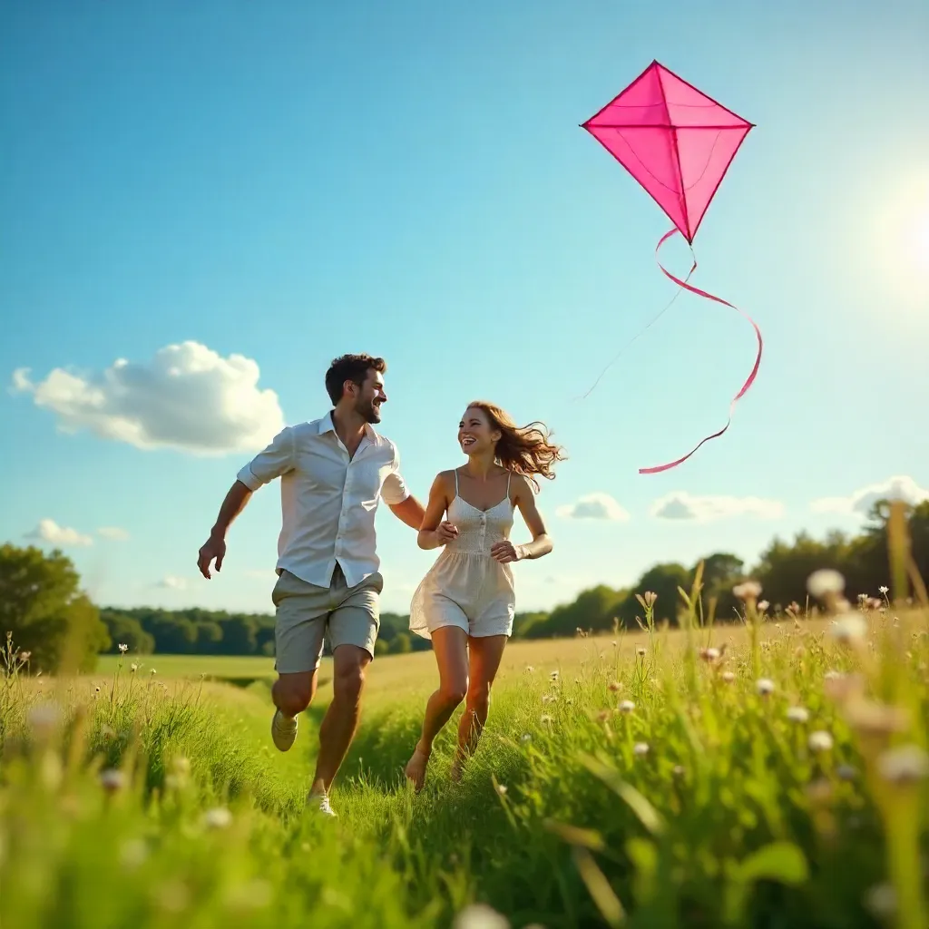 Sunny Meadow Kite Day with Two Young Adults