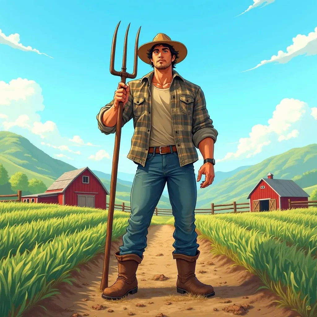 Strong Asian Farmer in Anime-Style Field