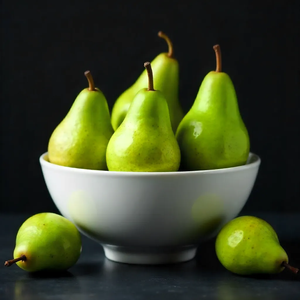 Fresh Green Pears in a Minimalist White Bowl