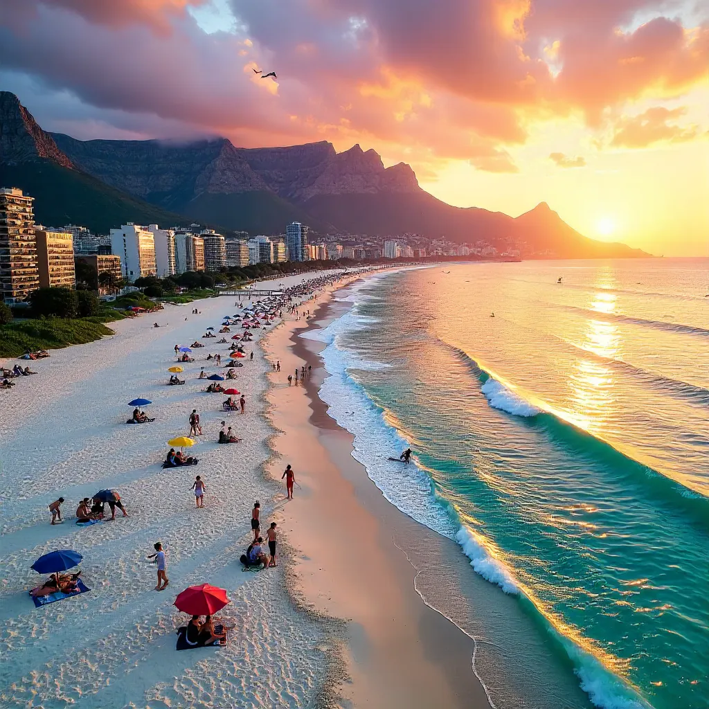 Sunset Aerial over Cape Town Beach with Table Mountain