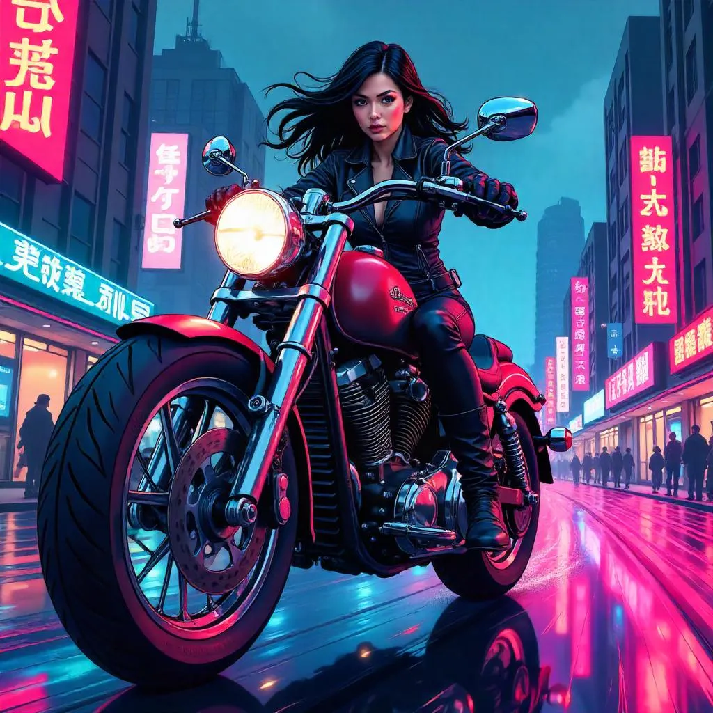 Confident Asian Woman on a Comic Motorcycle