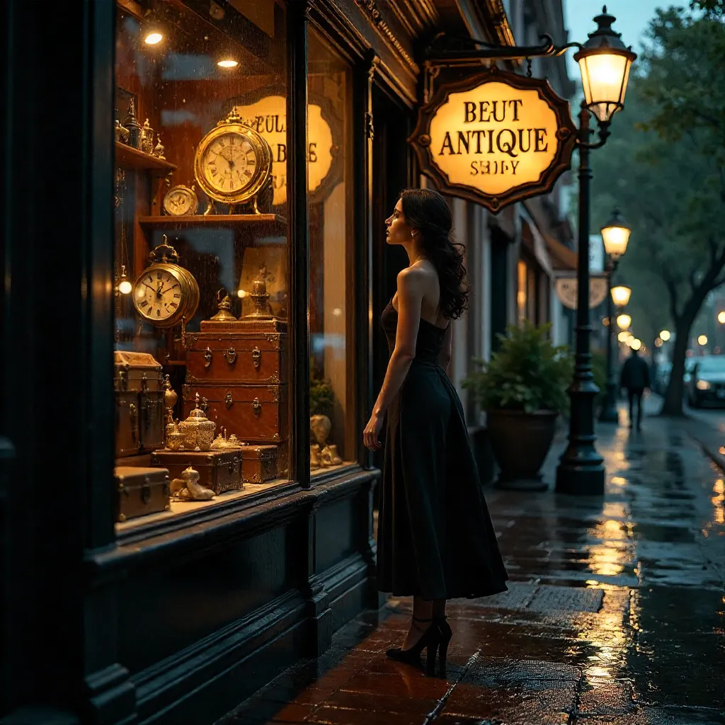 Gazing at Time: Woman in Black Outside the Antique Shop