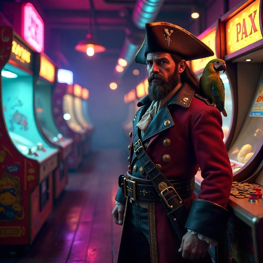 Neon Pirate in a Retro Arcade - 3D Render