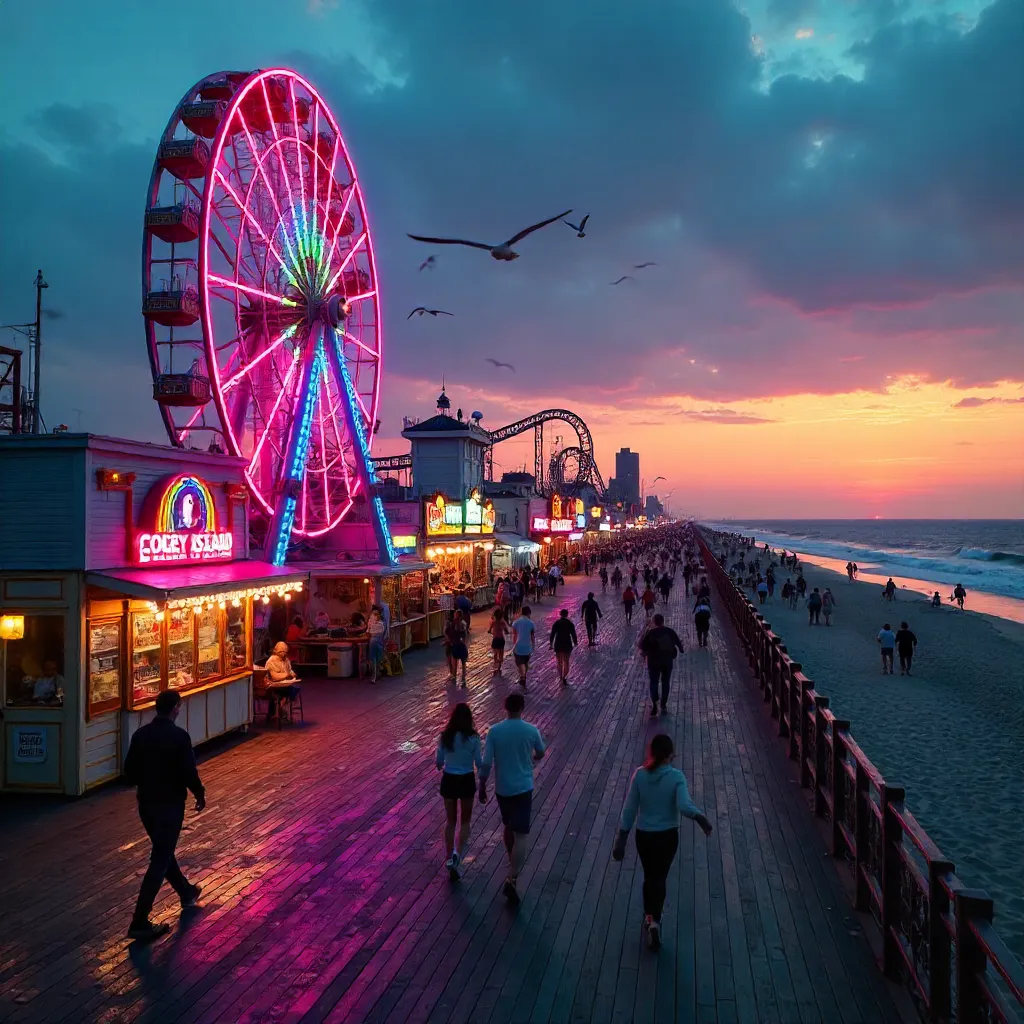Neon Night at Coney Island Ferris Wheel