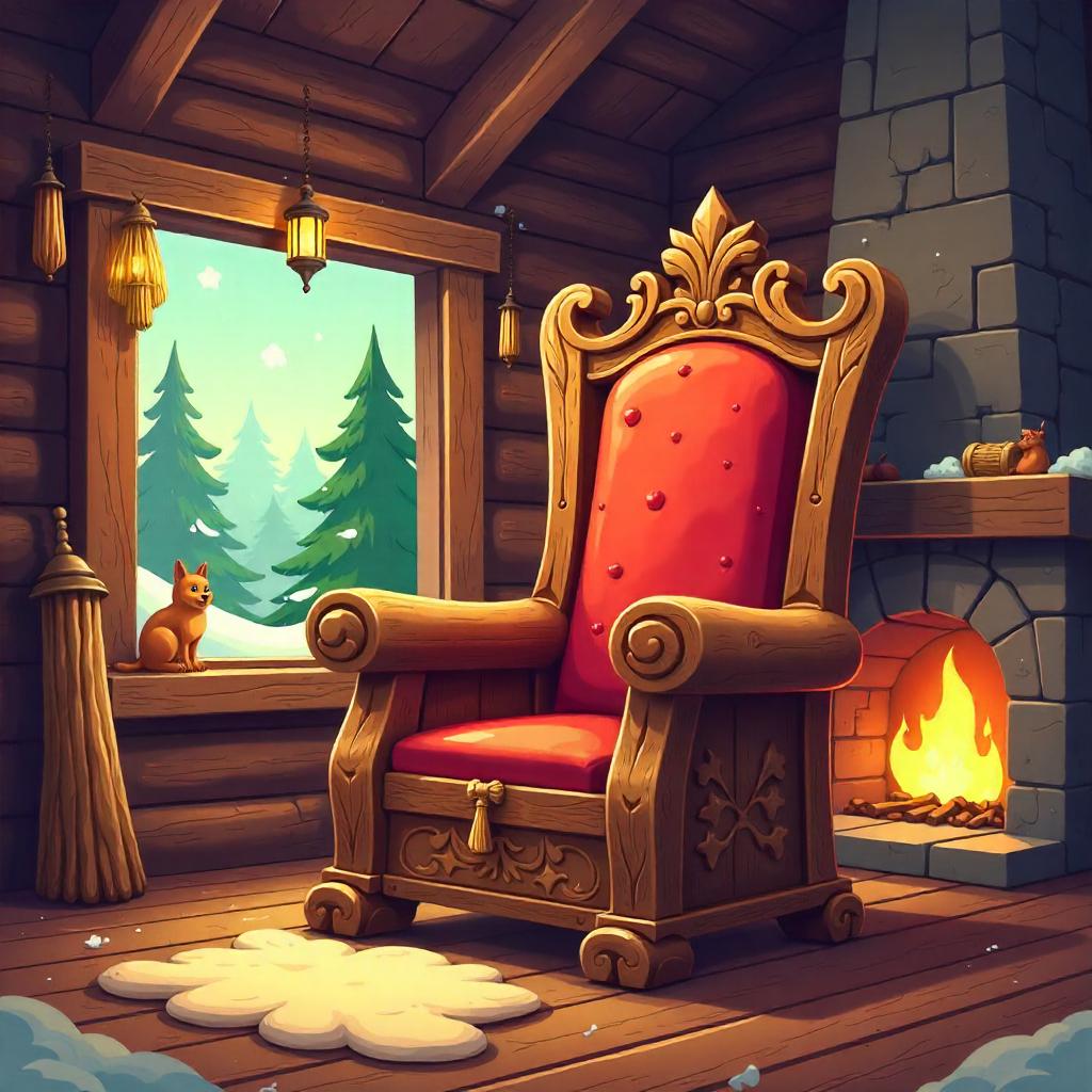 Cartoon Throne in a Cozy Log Cabin