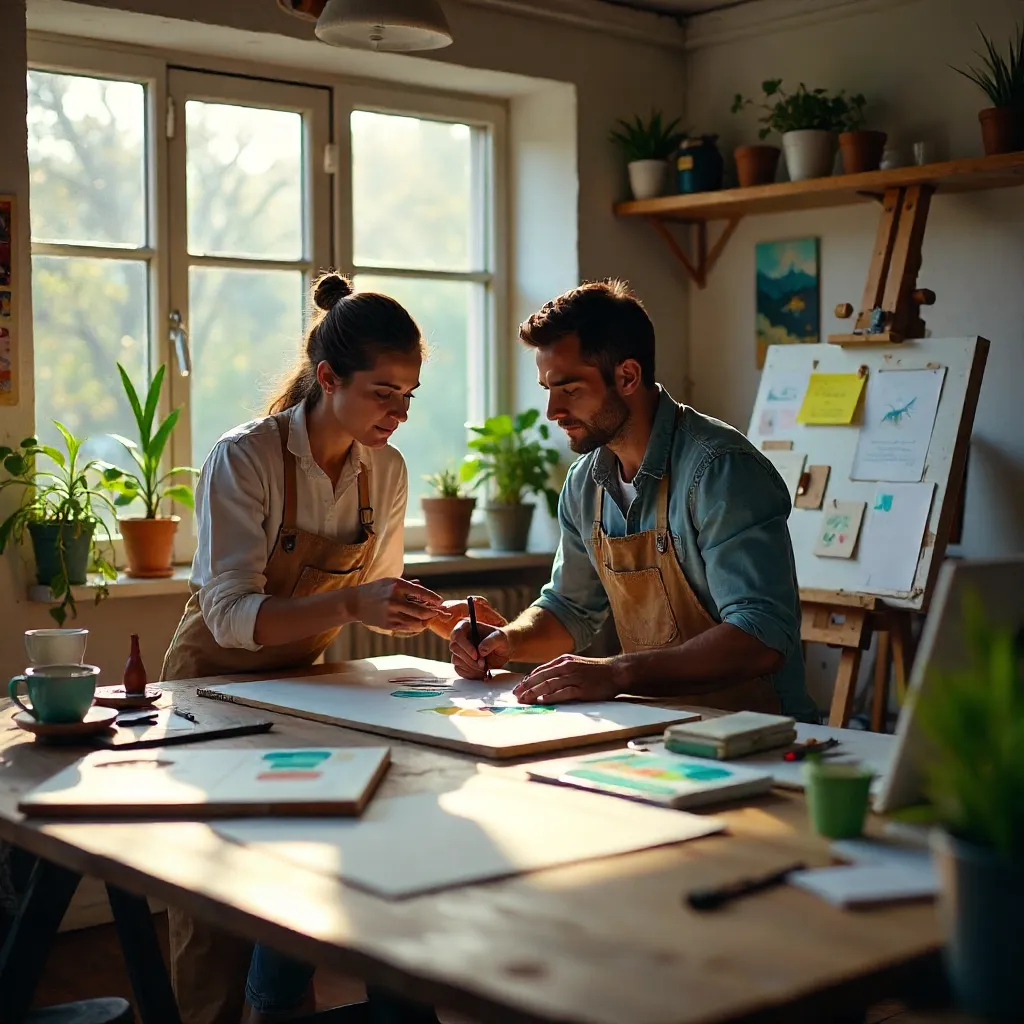 Two Artists Collaborating in a Cozy Workshop