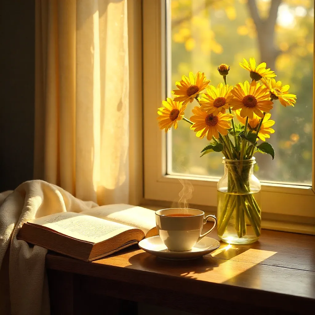 Golden Hour Tea, Book, and Yellow Flowers Scene
