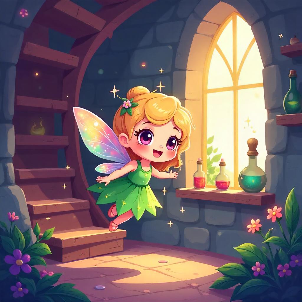 Whimsical Cartoon Fairy in a Tower