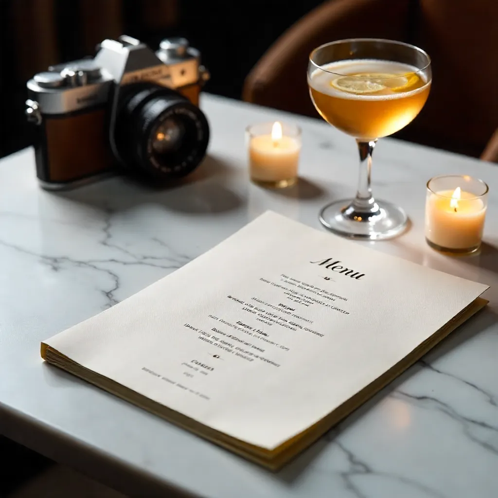 Marble Table Setting: Menu, Camera, Candle & Drink