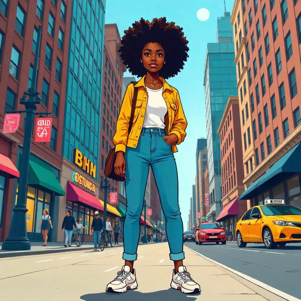 Young Black Woman in a Vibrant Downtown Cartoon Scene