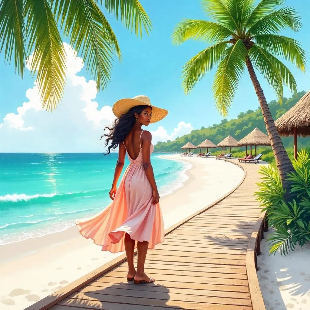 Watercolor Portrait of a Young Black Woman at a Beach Resort