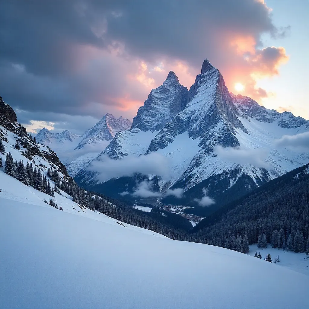 Majestic Swiss Alps: Snowfield under dramatic sky