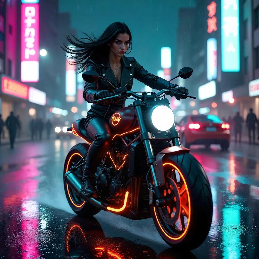 Neon Rider: Latina on a Cyberpunk Motorcycle