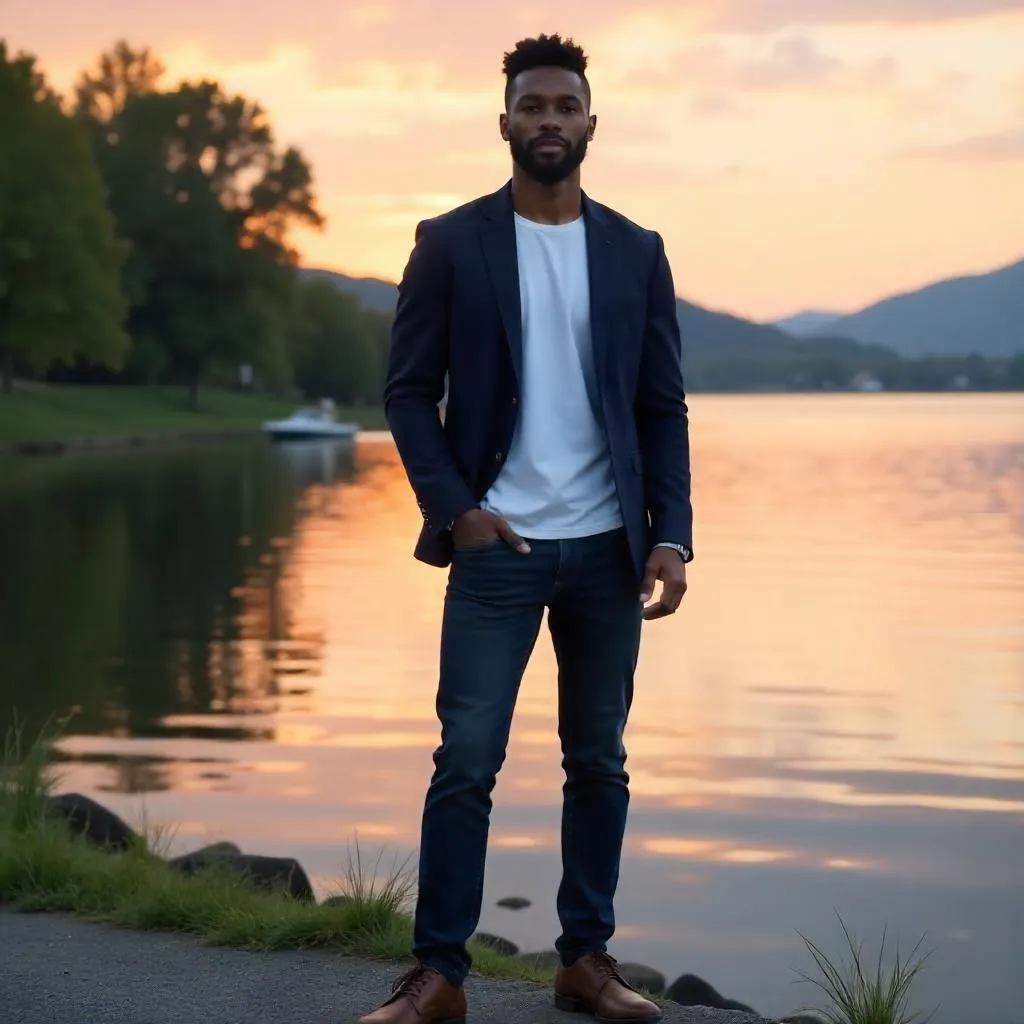 Confident Black Man by a Serene Lake - Photoreal Portrait