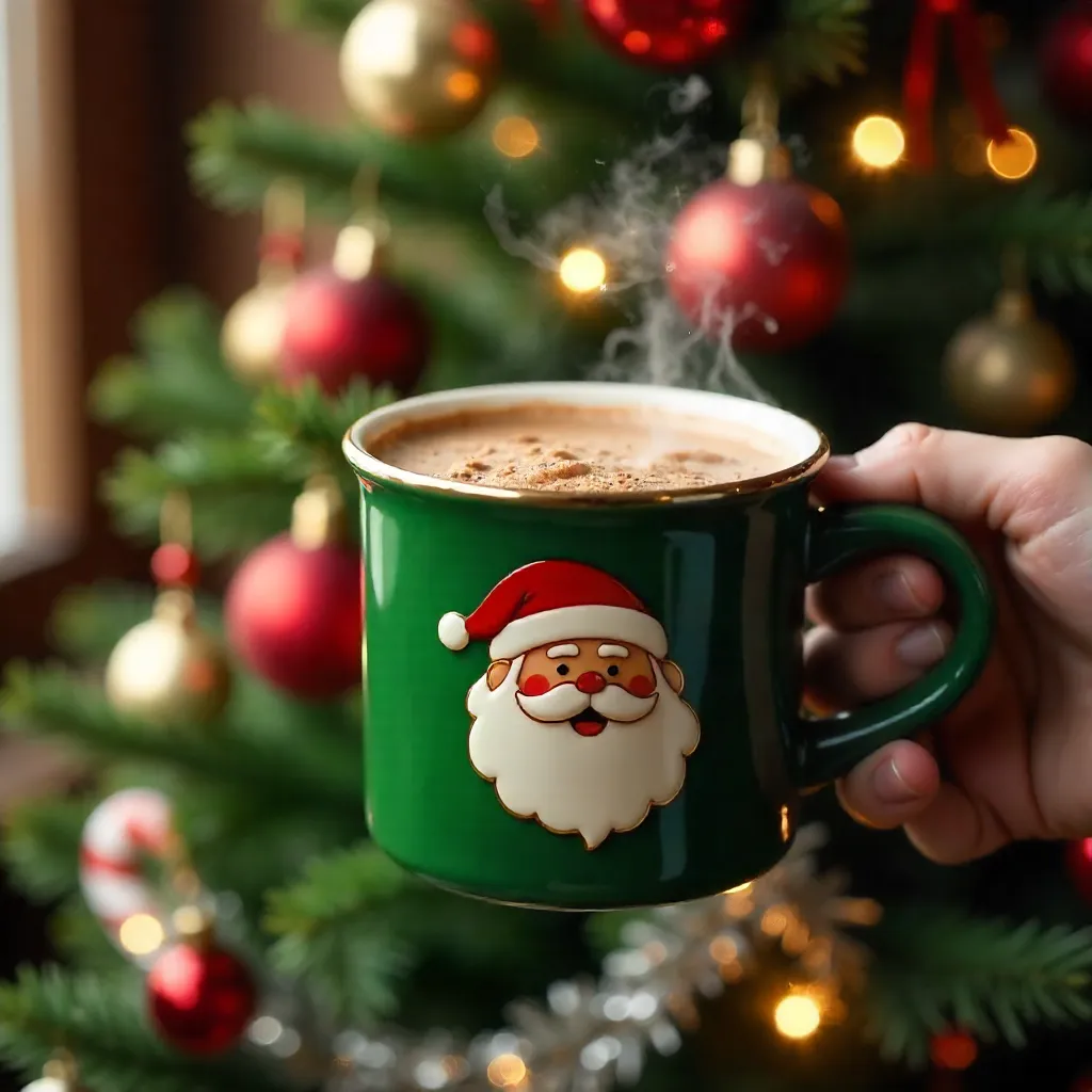 Santa Mug in Front of a Festively Lit Christmas Tree