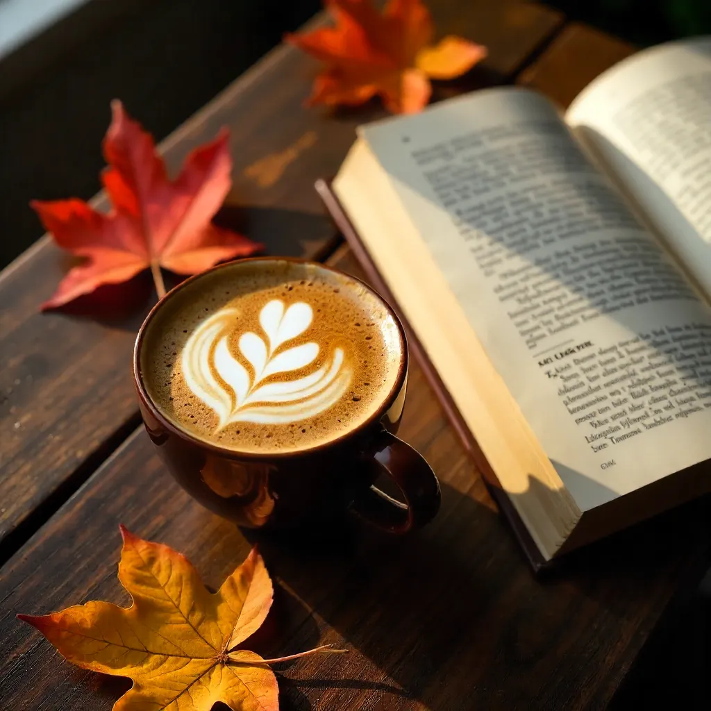 Autumn Latte Art by Open Book on Wood