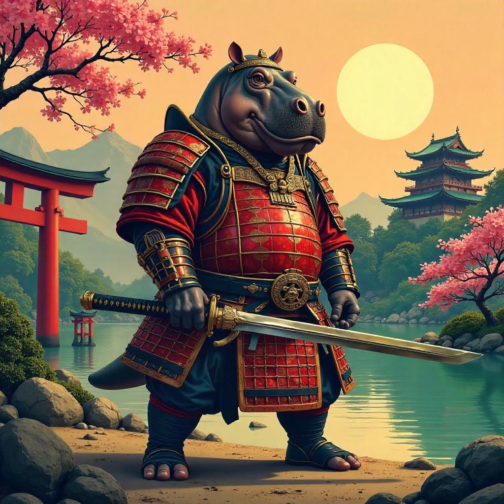 Hippo Samurai in Feudal Japan - Digital Art