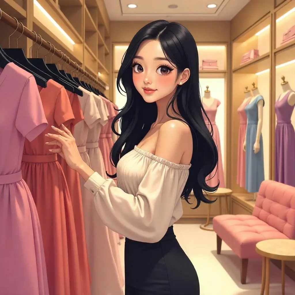 Anime-Style East Asian Woman in a Chic Boutique