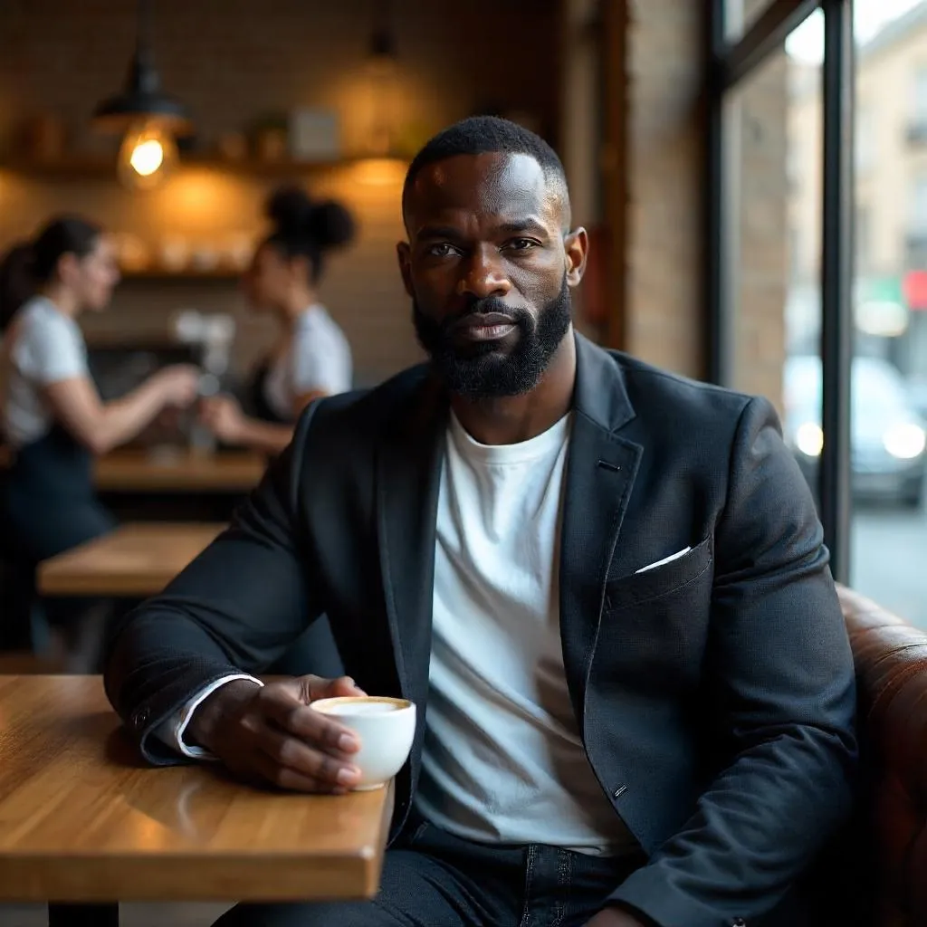 Strong Black Man in a Photorealistic Café