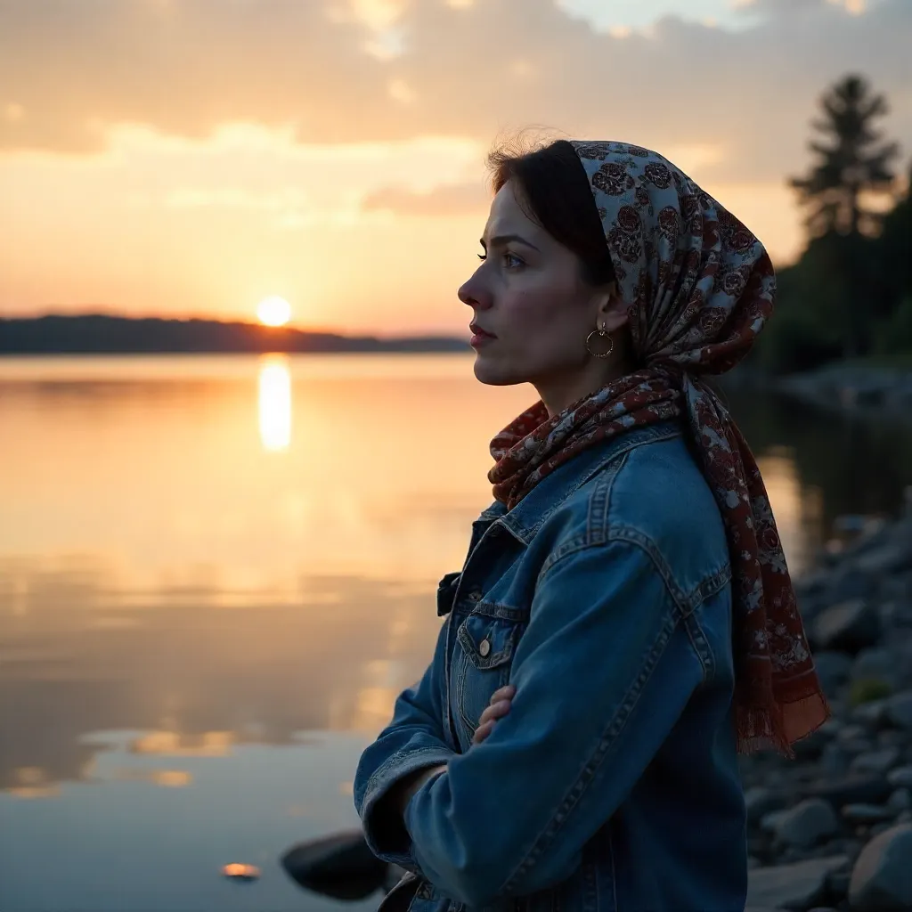 Thoughtful Woman by Sunset Water in Denim and Headscarf