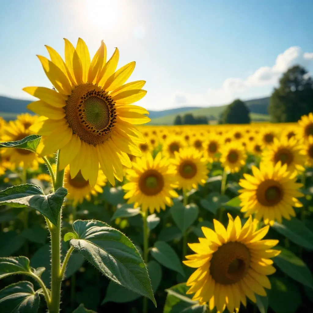 Sunlit Field of Golden Sunflowers in Summer