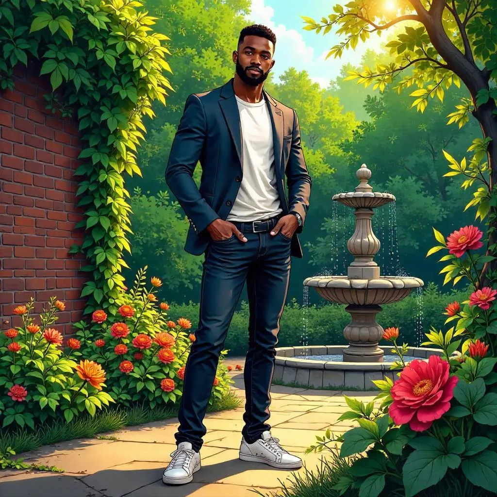 Stylish Black Hero in a Lush Comic Garden
