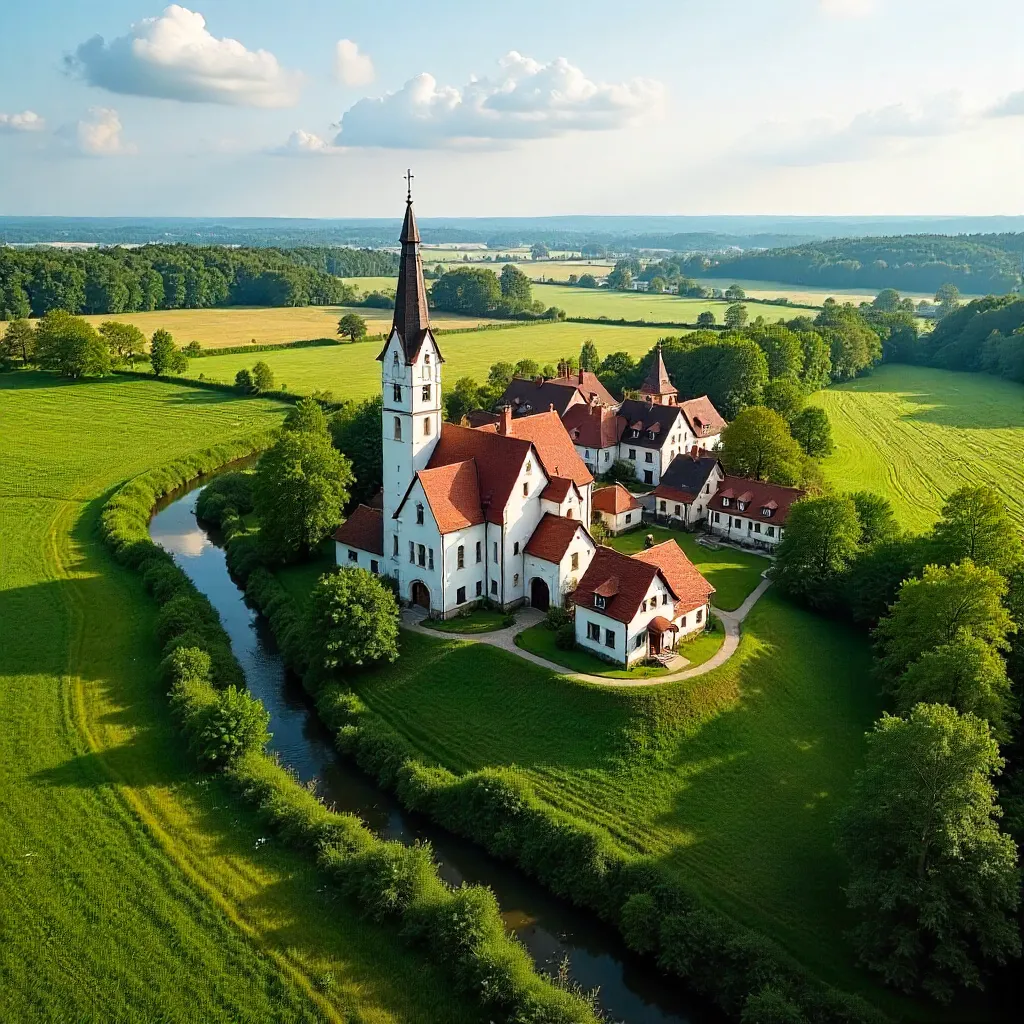 Aerial Spring Village in Poland: Lush Fields