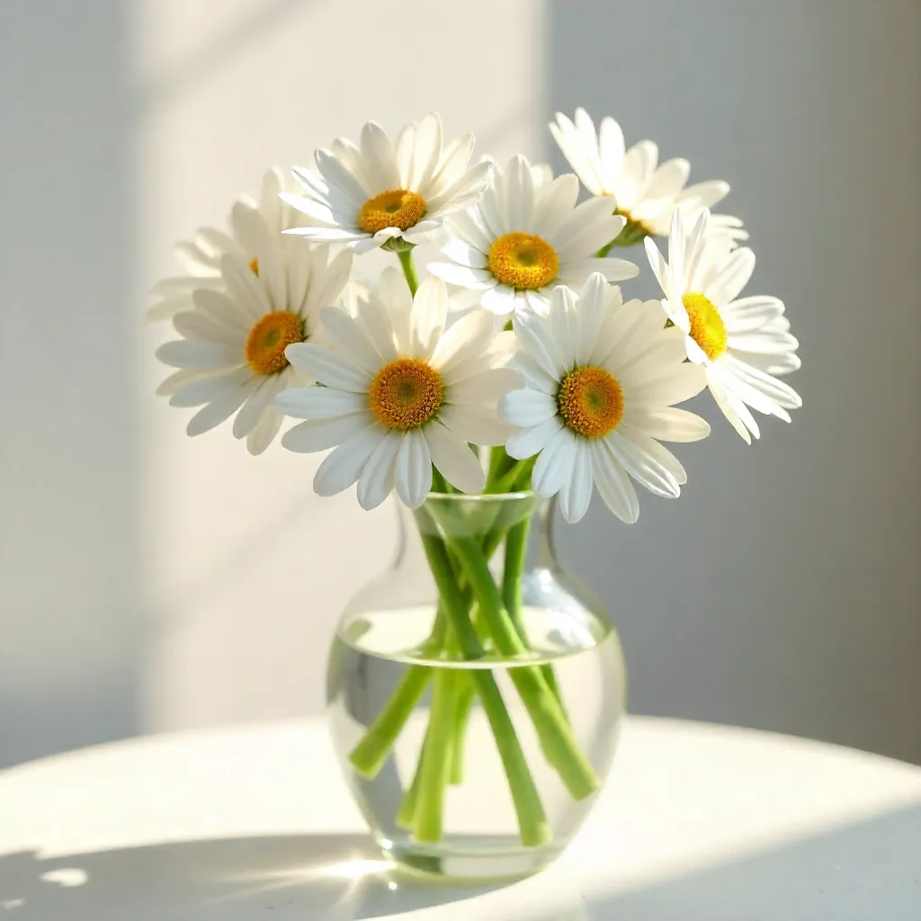 Sunlit White Daisies in a Glass Vase