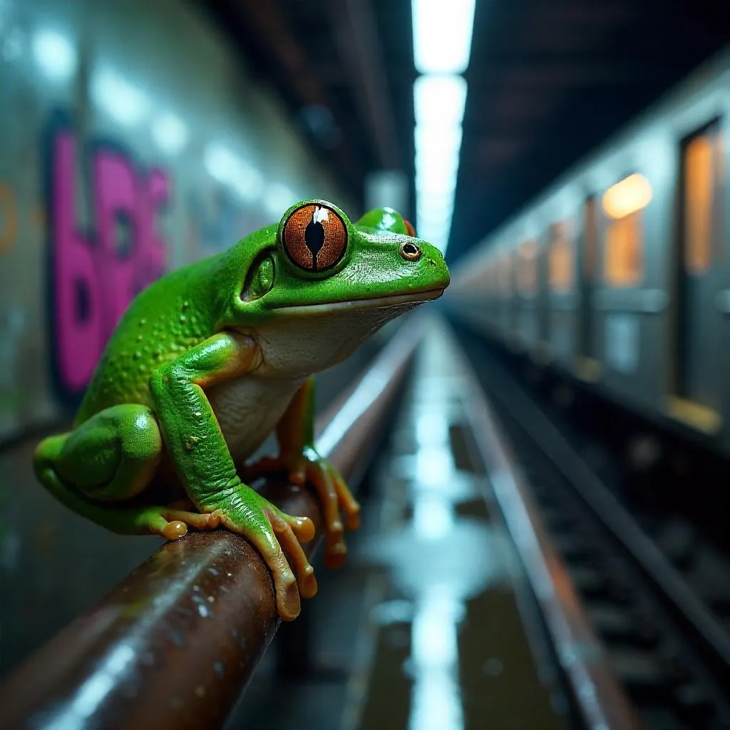 Photorealistic frog in a neon subway tunnel