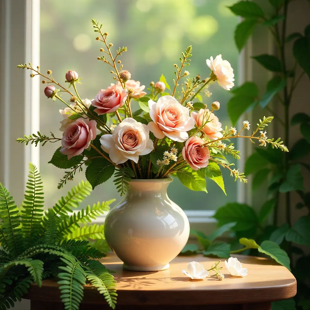 Soft Light Vase Among Greenery on a Wooden Table