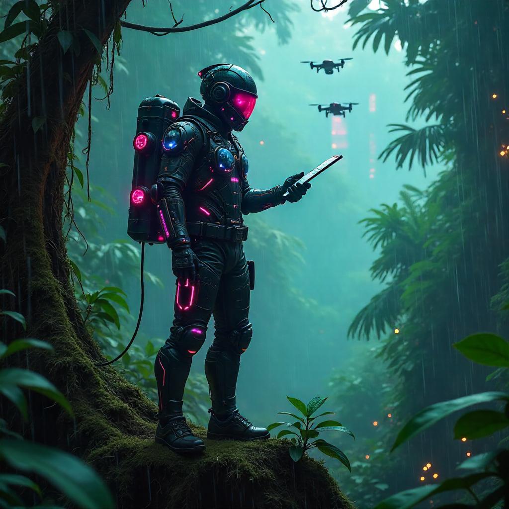 Cyberpunk Pilot in Jungle Canopy