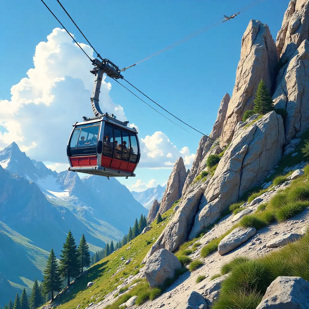 Cable Car Descending a Rocky Alpine Slope