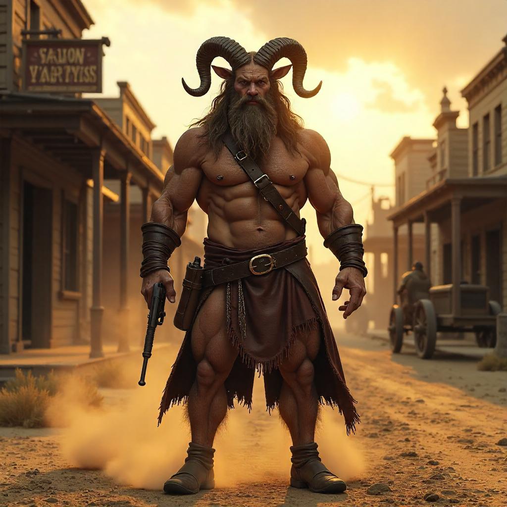 Photoreal Satyr Outlaw in a Dusty Wild West Town