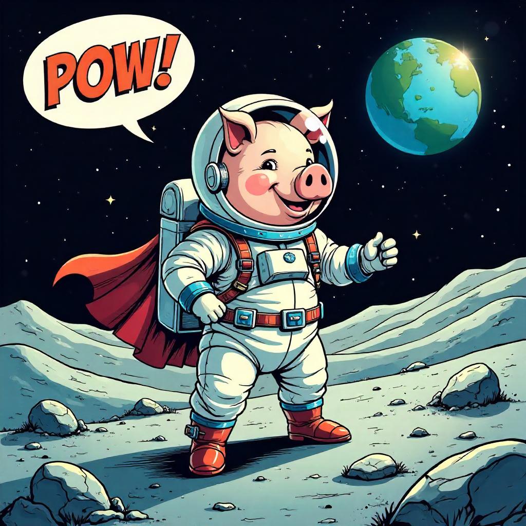 Moonlit Pig in Comic Book Style Adventure
