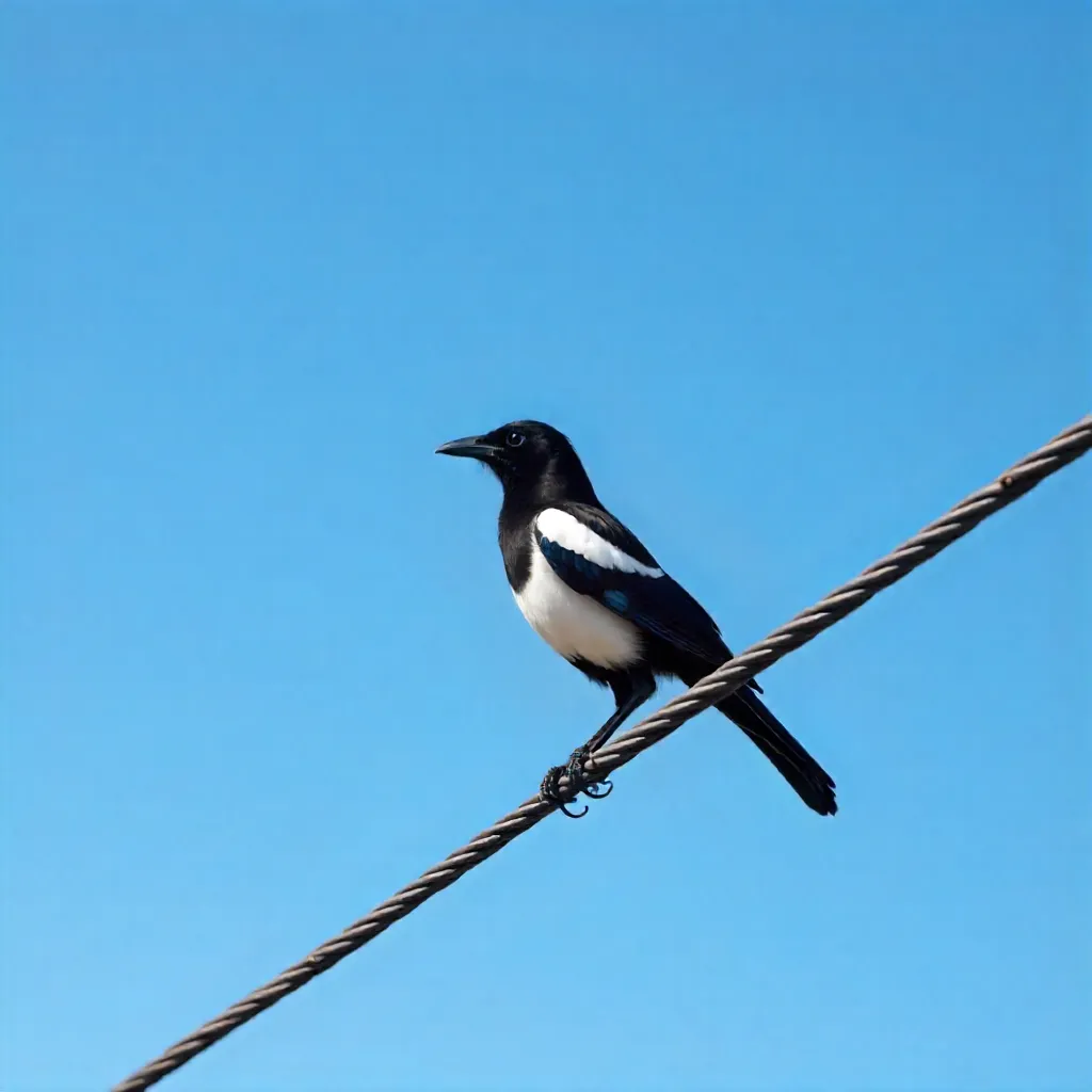 Lone magpie on a wire under a boundless blue sky