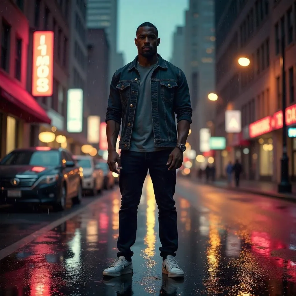 Cinematic Photoreal Portrait of a Strong Black Man in an Urban Night