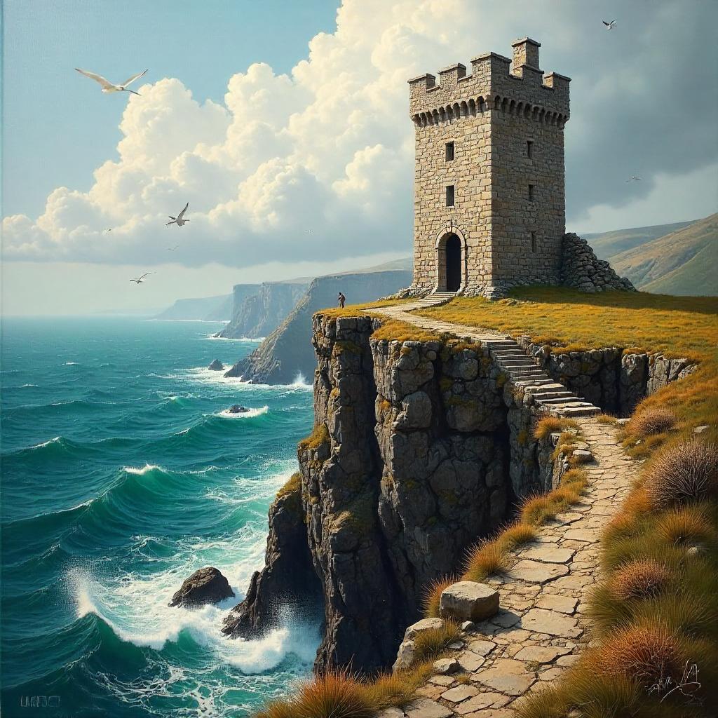 Tower on the Cliff: A Stormy Oil Painting
