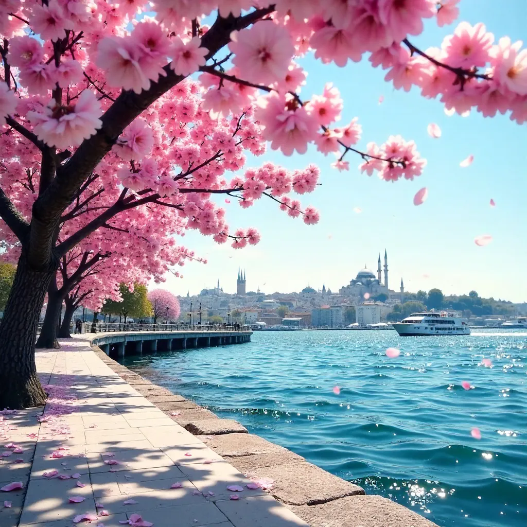 Cherry Blossoms Over Istanbul's Bosphorus in Spring