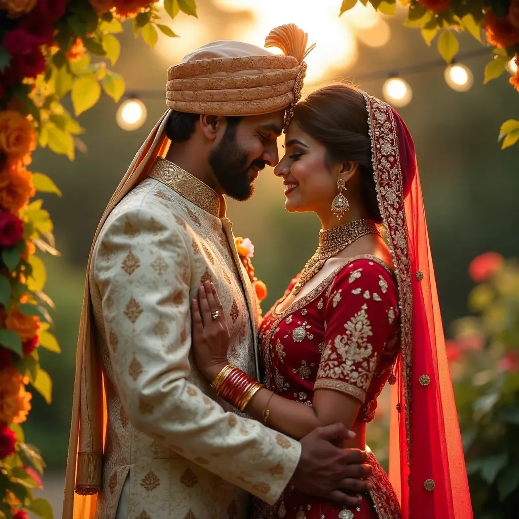 Golden Hour Embrace: Indian Bride and Groom in Traditional Attire