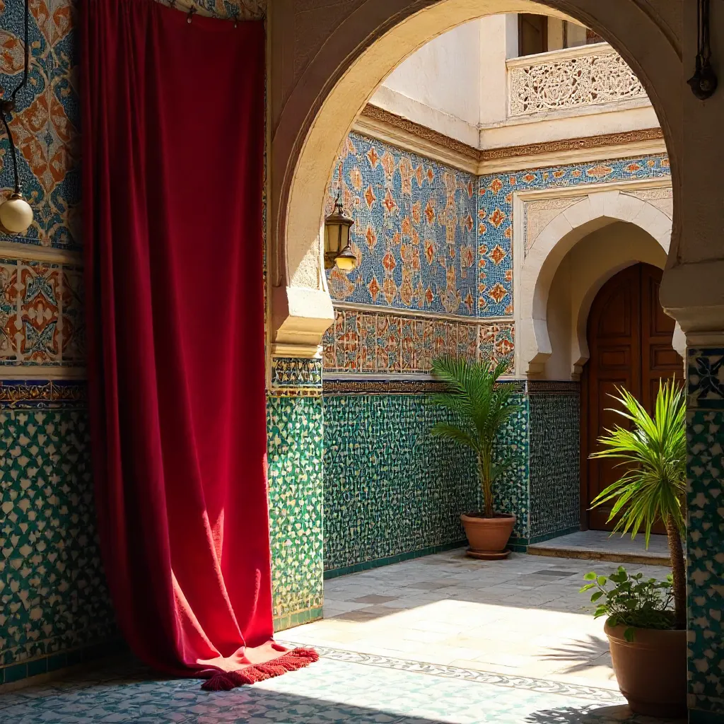 Colorful Fez Mosaic Tiles with Red Curtain