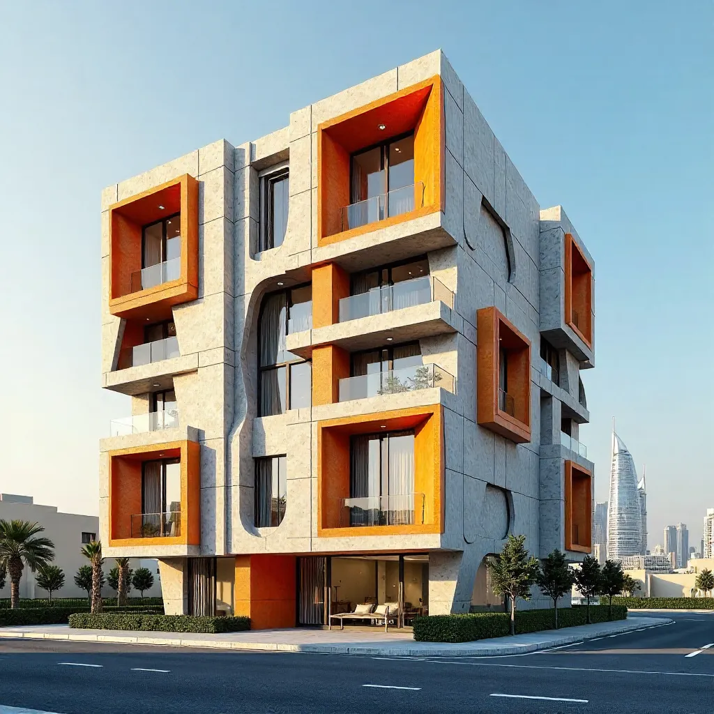 Geometric Dubai Facade with Orange Accents