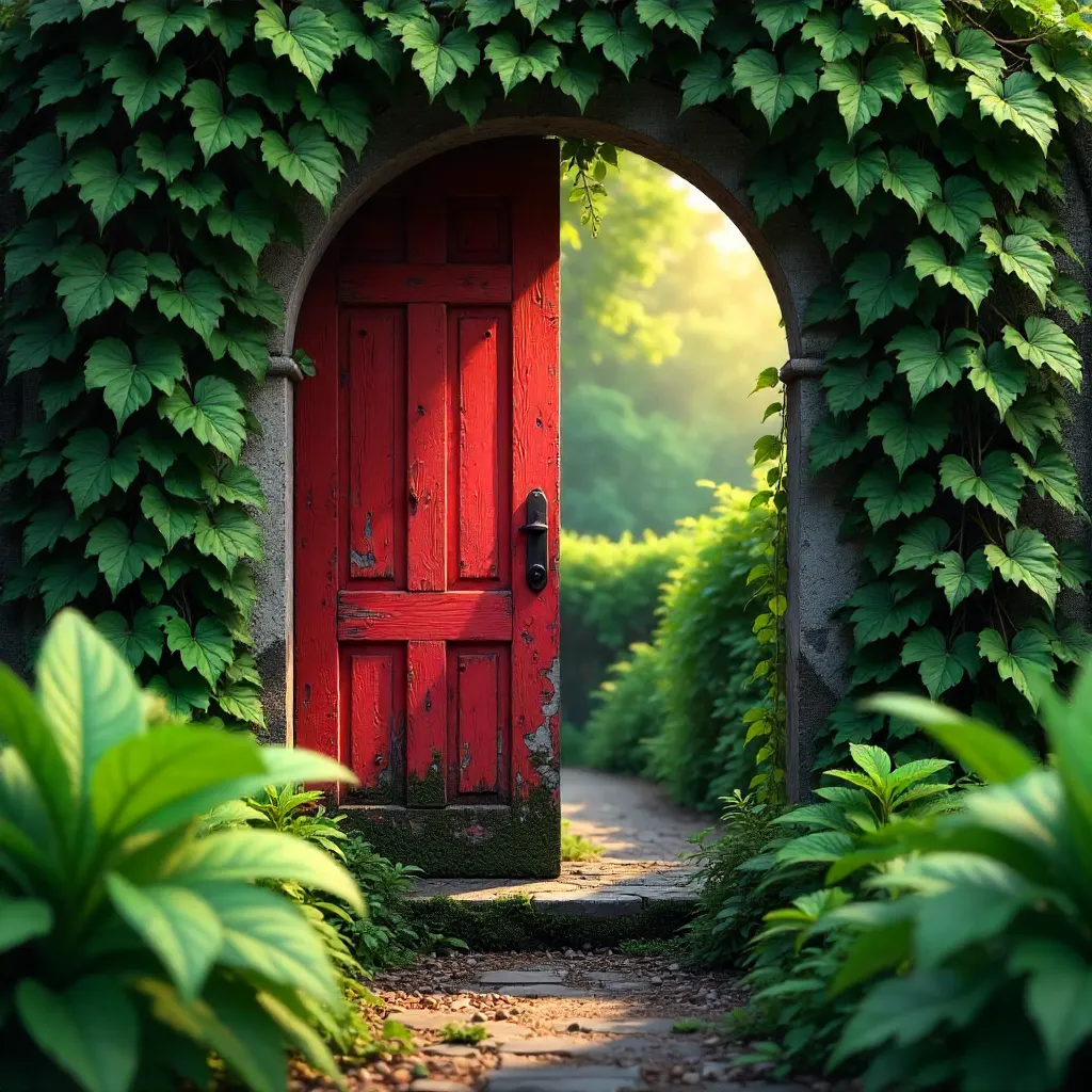 Old Red Door Framed by Lush Greenery in a Secluded Garden