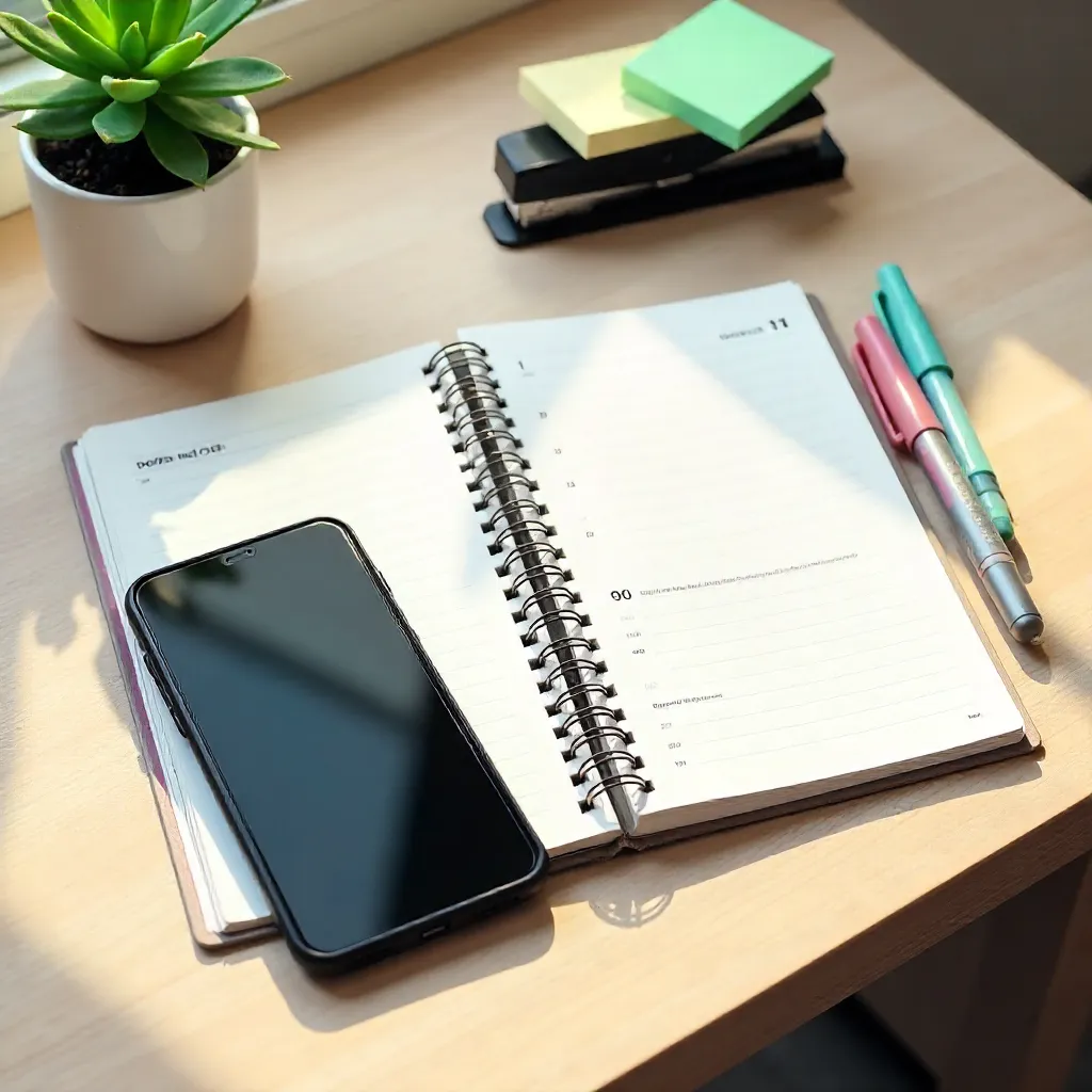 Neat Desk Scene: Smartphone, Planner, and Stationery