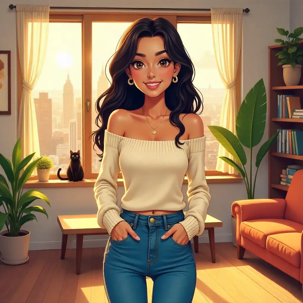Anime Latina Woman in a Cozy Apartment