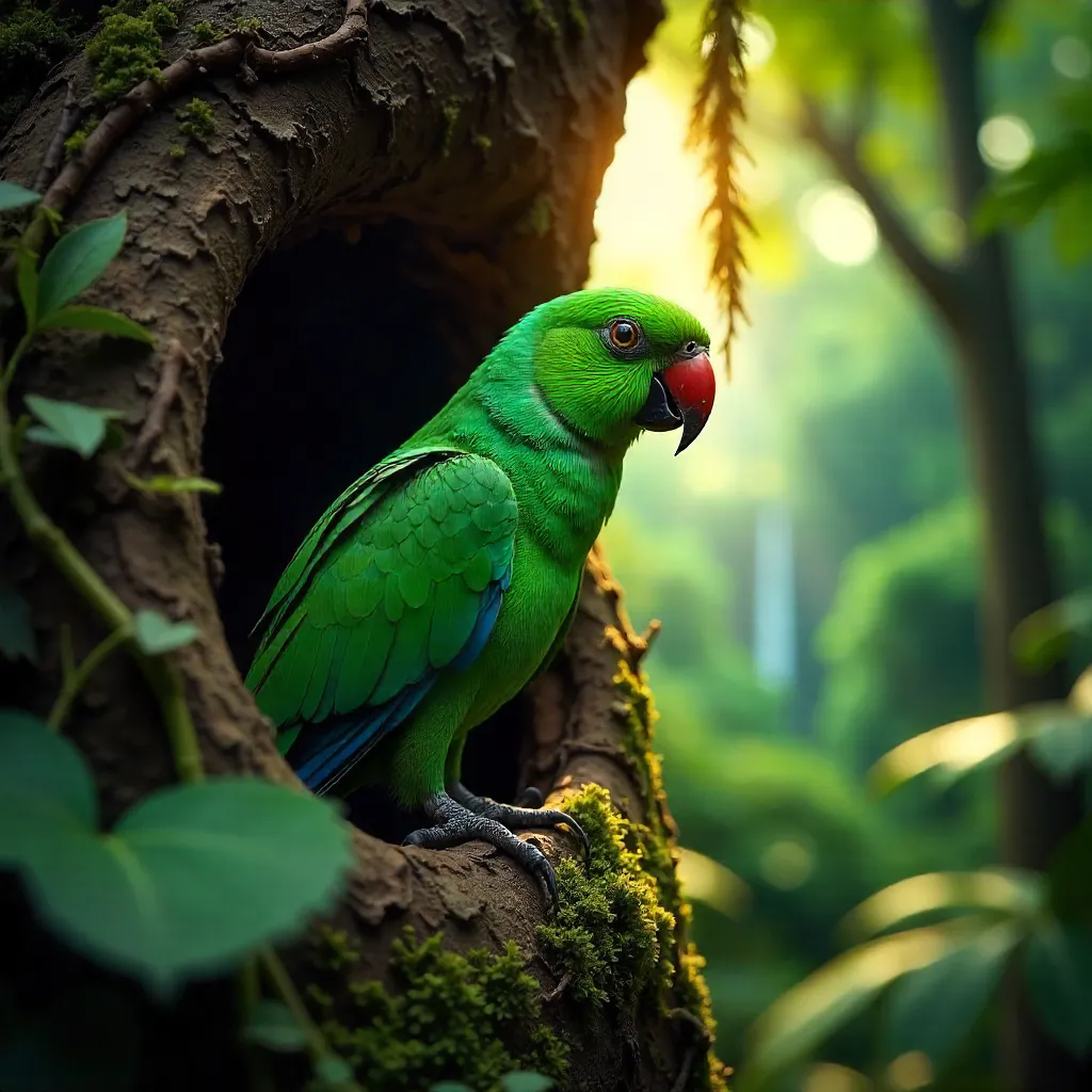 Emerald Parrot Peeking from a Colombian Hollow