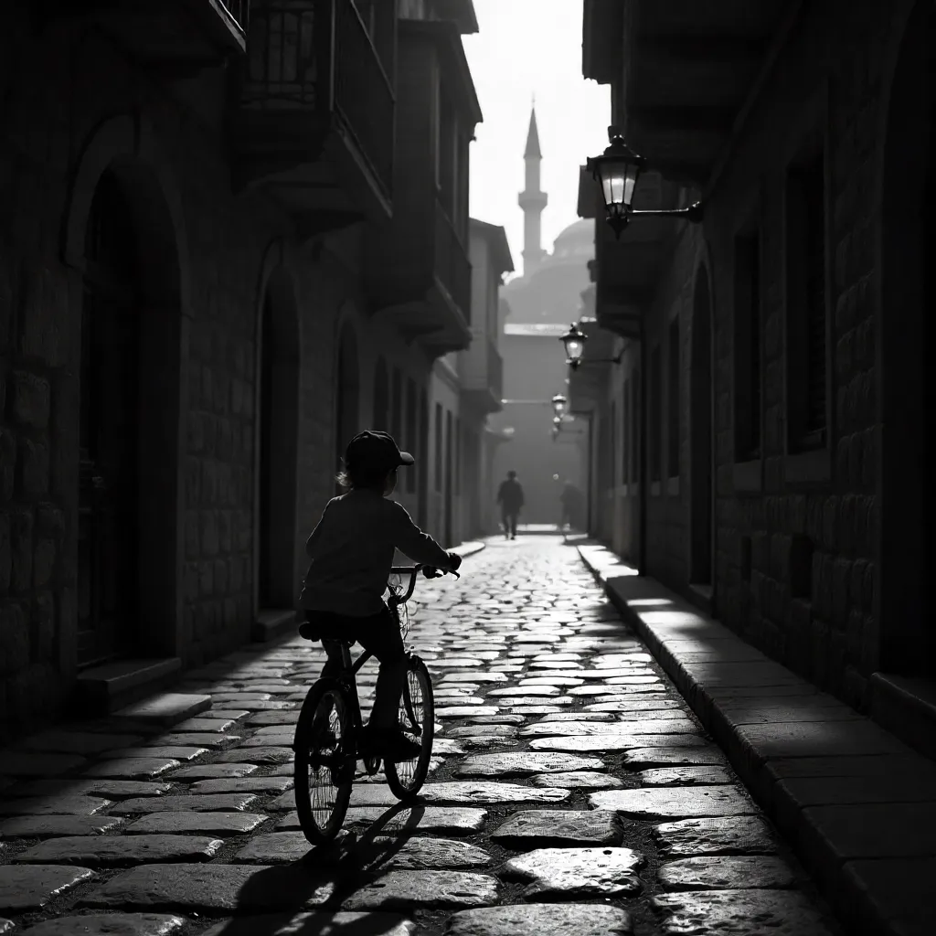 Shadowed Bursa Street: Child on a Bicycle