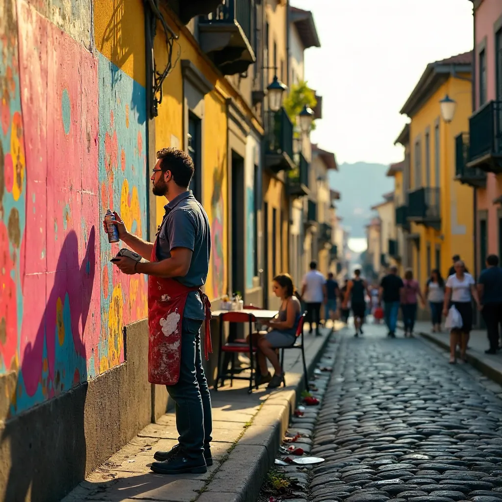 Porto Street Artist in Busy Ribeira Scene