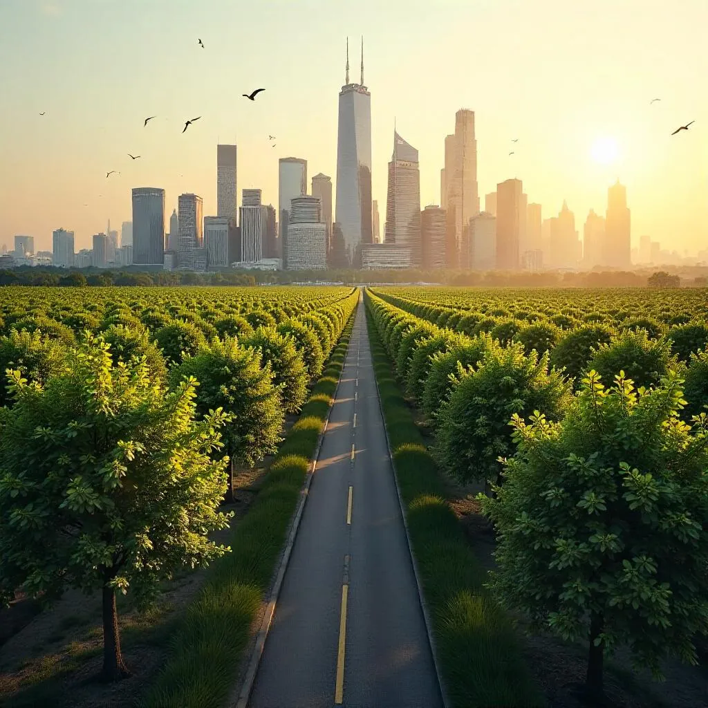 Photorealistic City Rising Through an Orchard