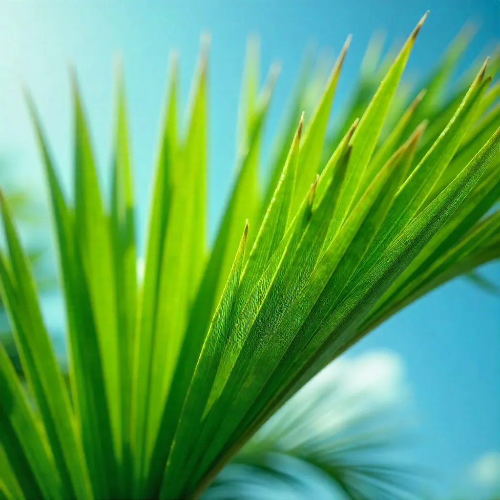 Vibrant Close-Up of Green Palm Leaves Under a Clear Sky